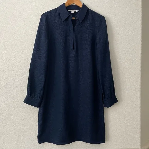 Diane Von Furstenberg Seanna Silk Shirt Dress Long Sleeve Navy Minimalist Career