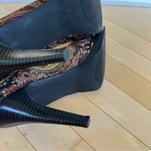 Diba Shoes Women Heeled Ankle Boots Booties Embroidered Paisley Black Gold Sz 10