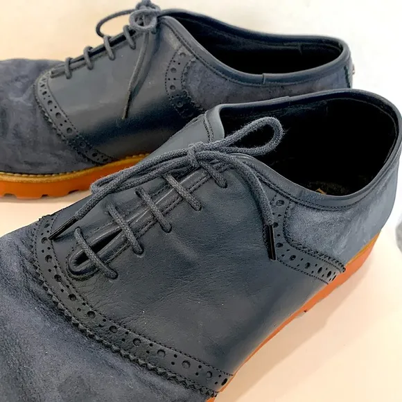 Dino Bigioni Suede Leather Oxfords Mens 9 1/2 Dark Blue Perforated Dress Shoes