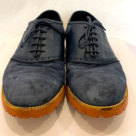 Dino Bigioni Suede Leather Oxfords Mens 9 1/2 Dark Blue Perforated Dress Shoes