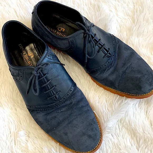 Dino Bigioni Suede Leather Oxfords Mens 9 1/2 Dark Blue Perforated Dress Shoes