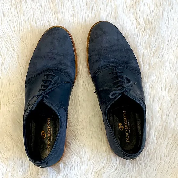 Dino Bigioni Suede Leather Oxfords Mens 9 1/2 Dark Blue Perforated Dress Shoes