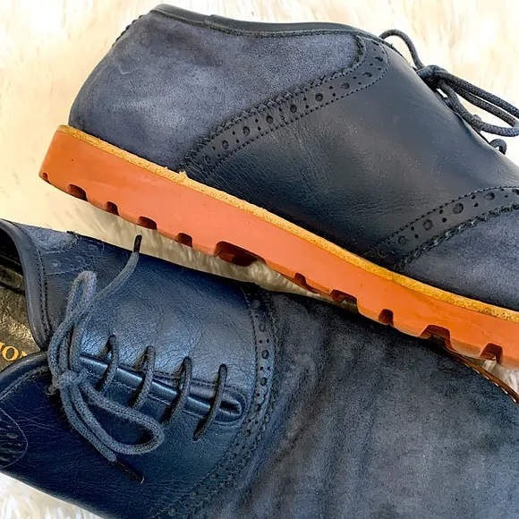 Dino Bigioni Suede Leather Oxfords Mens 9 1/2 Dark Blue Perforated Dress Shoes