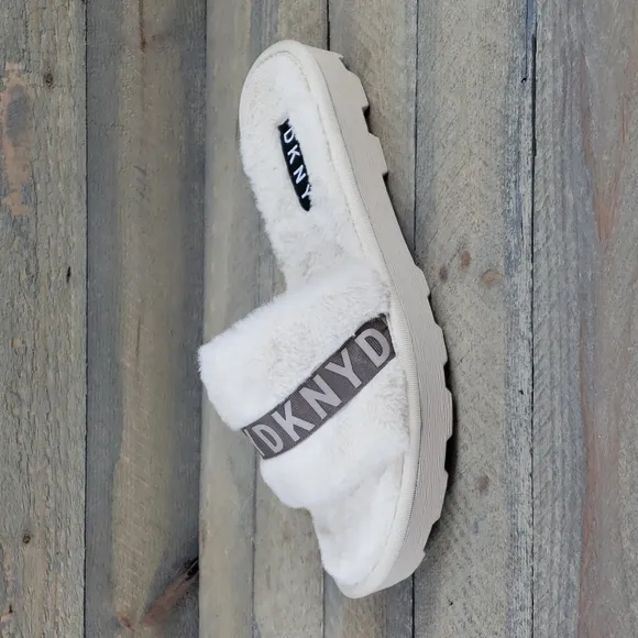 DKNY Logo Faux Fur Rabbit Women's Slides Slippers Beige