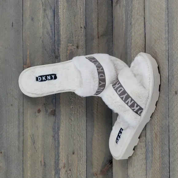 DKNY Logo Faux Fur Rabbit Women's Slides Slippers Beige