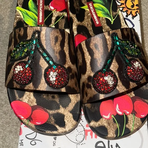 Dolce &amp; Gabbana Leopard Print Cherry Embellished Slides