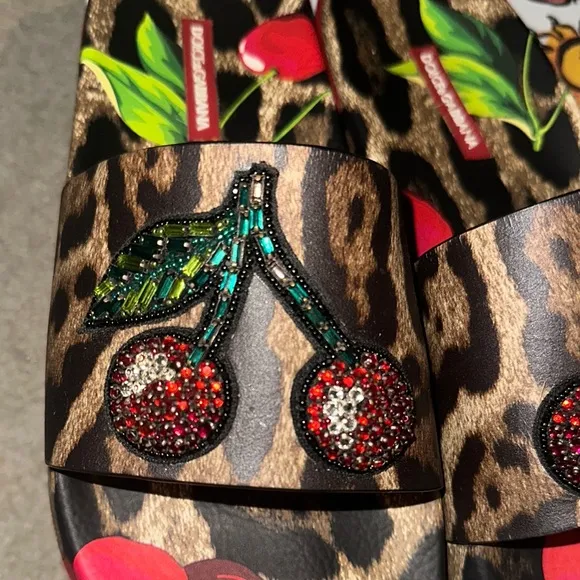 Dolce &amp; Gabbana Leopard Print Cherry Embellished Slides