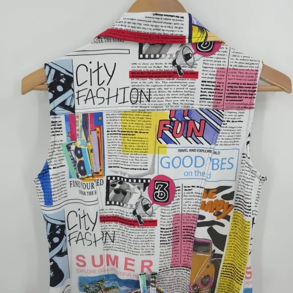 Dolcezza Art To Wear Shirt Dress Newspaper Print Chic Contemporay Artsy Bold