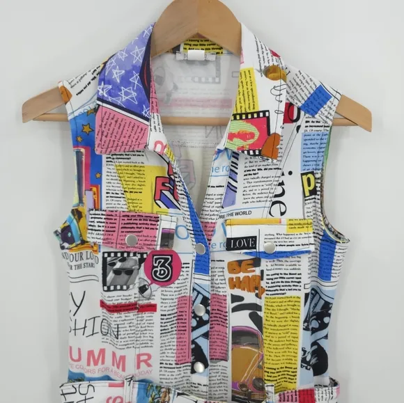 Dolcezza Art To Wear Shirt Dress Newspaper Print Chic Contemporay Artsy Bold