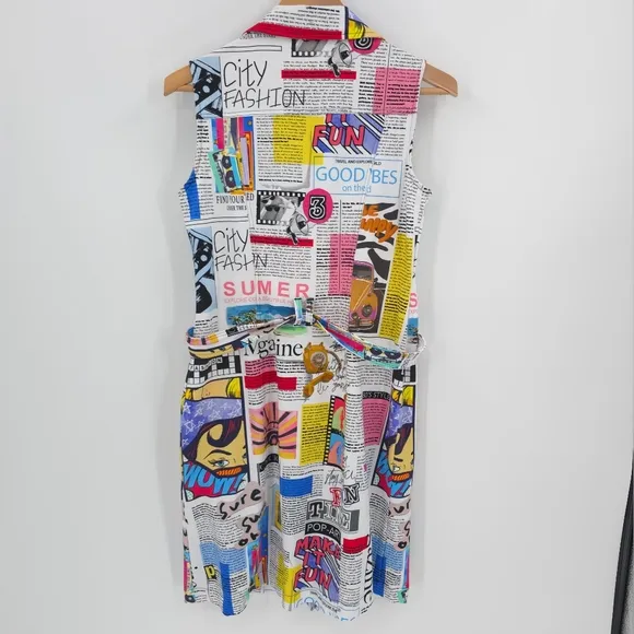 Dolcezza Art To Wear Shirt Dress Newspaper Print Chic Contemporay Artsy Bold