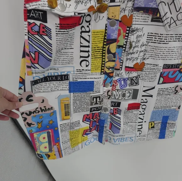 Dolcezza Art To Wear Shirt Dress Newspaper Print Chic Contemporay Artsy Bold