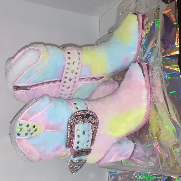 Dolls Kill Club Exx Sharp Sheriff Shine Cowboy Boots Faux Fur Pastel Colors Sz
