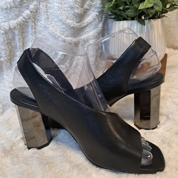 Donald Pliner Ella Black Leather Dress Shoes Mirrored Heels Sandals Women's 6.5