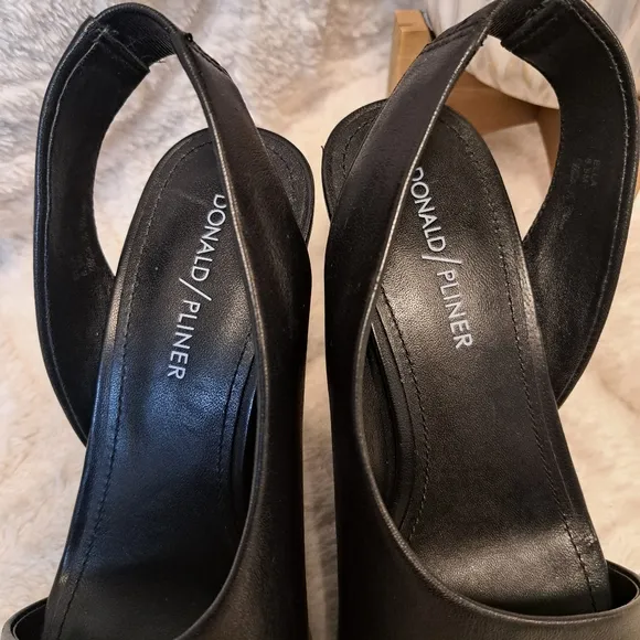 Donald Pliner Ella Black Leather Dress Shoes Mirrored Heels Sandals Women's 6.5