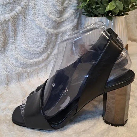Donald Pliner Ella Black Leather Dress Shoes Mirrored Heels Sandals Women's 6.5
