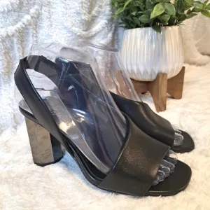 Donald Pliner Ella Black Leather Dress Shoes Mirrored Heels Sandals Women's 6.5