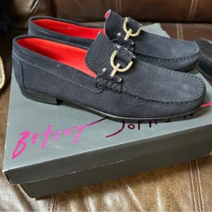 Donald Pliner Men's Dacio 40 Suede Loafers Navy Blue Bit Buckle Slip On Size 9.5