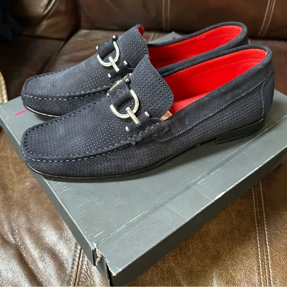 Donald Pliner Men's Dacio 40 Suede Loafers Navy Blue Bit Buckle Slip On Size 9.5