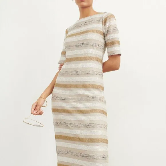 Donna KARAN Summer Soltice Elegant Beige and White Dress Luxury Designer Midi