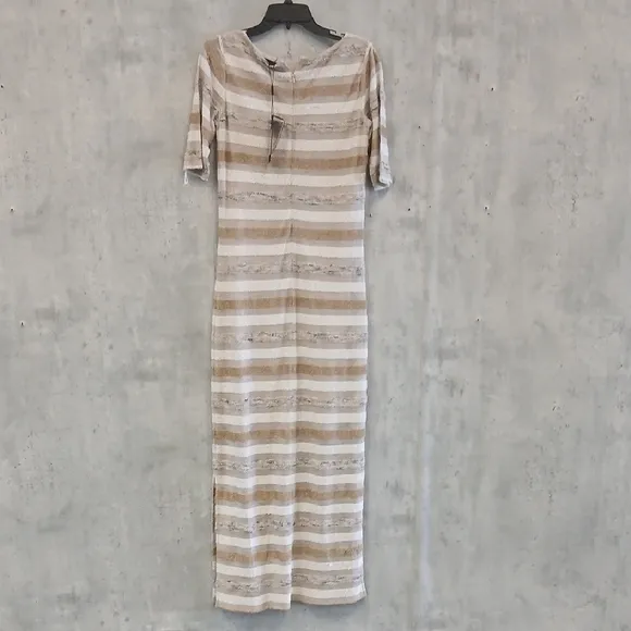 Donna KARAN Summer Soltice Elegant Beige and White Dress Luxury Designer Midi