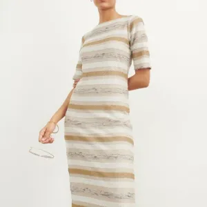 Donna KARAN Summer Soltice Elegant Beige and White Dress Luxury Designer Midi