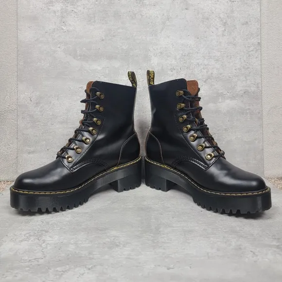 Dr Martens Leona Womens Black Size 8 Leather Heeled Combat Boots