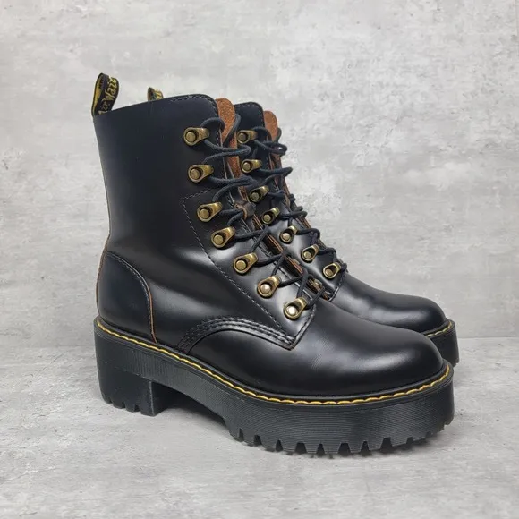 Dr Martens Leona Womens Black Size 8 Leather Heeled Combat Boots
