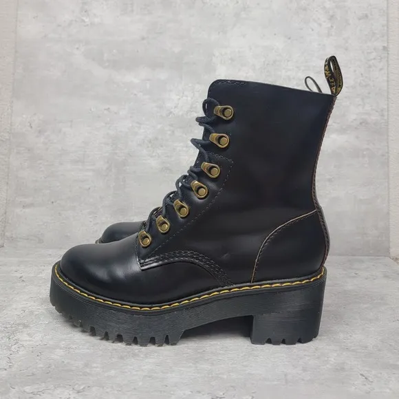 Dr Martens Leona Womens Black Size 8 Leather Heeled Combat Boots