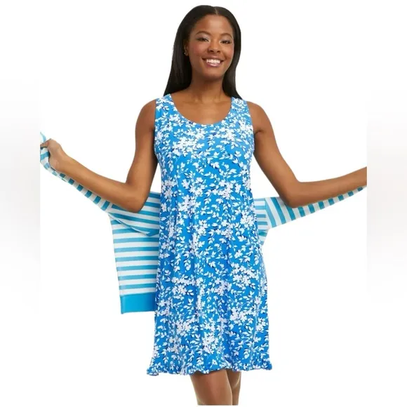 Draper James Floral RuffleHem Sun Dress Blue White Jersey Knit Size S/M…