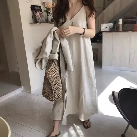 Dress minimalist vneck maxi womens khaki tank