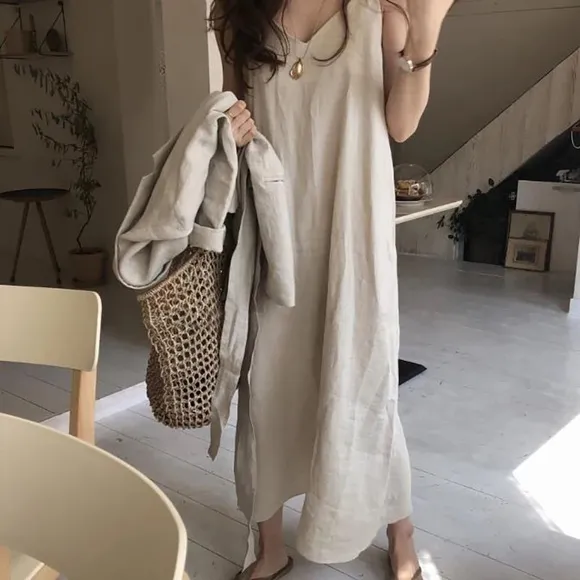 Dress minimalist vneck maxi womens khaki tank