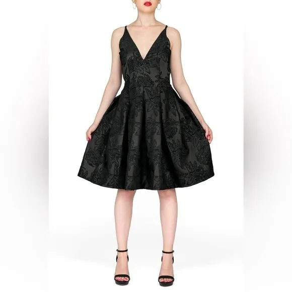 DRESS THE POPULATION COLLETTE FIT &amp; FLARE BLACK  DRESS sz small $282