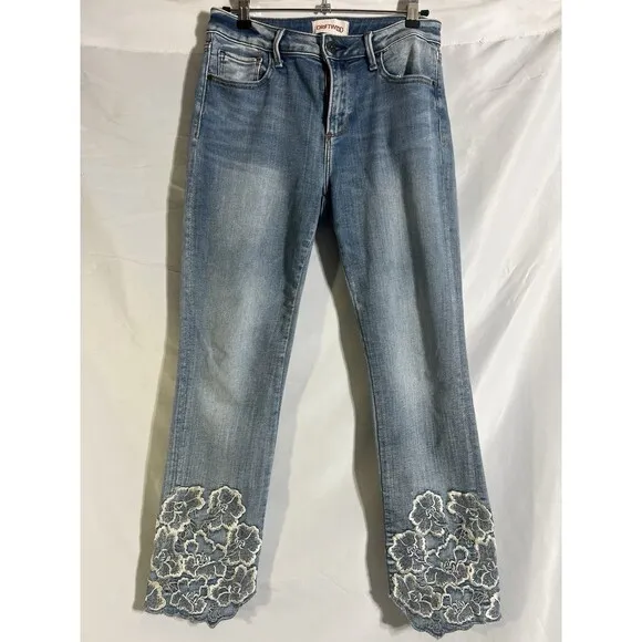Driftwood Colette Jeans Womens 27x26 Crop Stretch Denim Floral Embroidery Cuffs