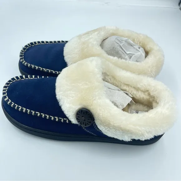 Earth Origins Suede Slippers w/ Faux Fur - Run About Raine Navy Size 9