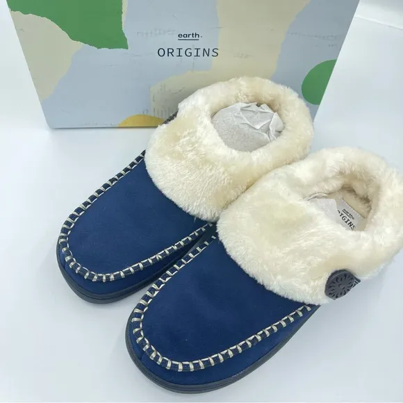 Earth Origins Suede Slippers w/ Faux Fur - Run About Raine Navy Size 9