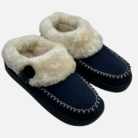 Earth Origins Suede Slippers w/ Faux Fur - Run About Raine Navy Size 9