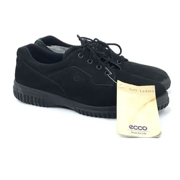 ECCO Soft Sneakers Womens 38 Black Nubuck Lace Up Shoes Cushioned RUNS SMALL NEW