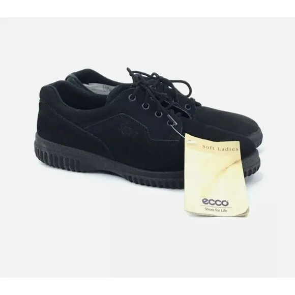 ECCO Soft Sneakers Womens 38 Black Nubuck Lace Up Shoes Cushioned RUNS SMALL NEW