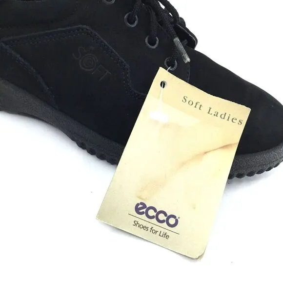ECCO Soft Sneakers Womens 38 Black Nubuck Lace Up Shoes Cushioned RUNS SMALL NEW