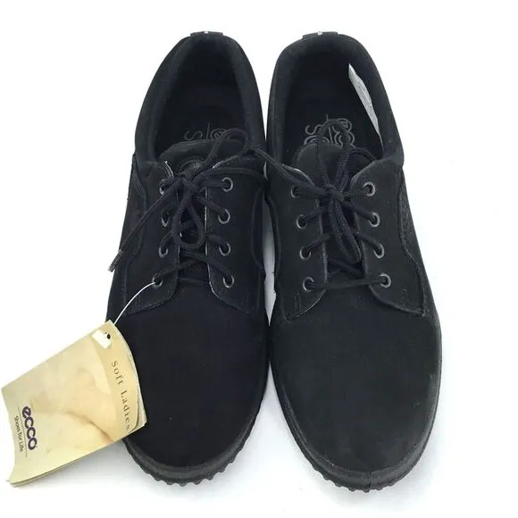 ECCO Soft Sneakers Womens 38 Black Nubuck Lace Up Shoes Cushioned RUNS SMALL NEW
