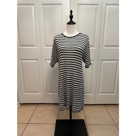 Eileen Fisher | 100%‎ Organic Linen Striped Crochet Quiet Luxury Shirt Dress, M