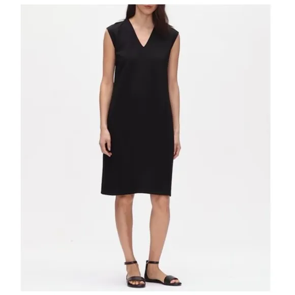 Eileen Fisher Black Minimalist Style Sleeveless V-Neck Midi Dress
