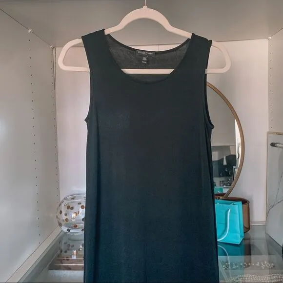 Eileen Fisher Black Silk Wardrobe Essential Minimalist High Low Slit Dress Sz 2P