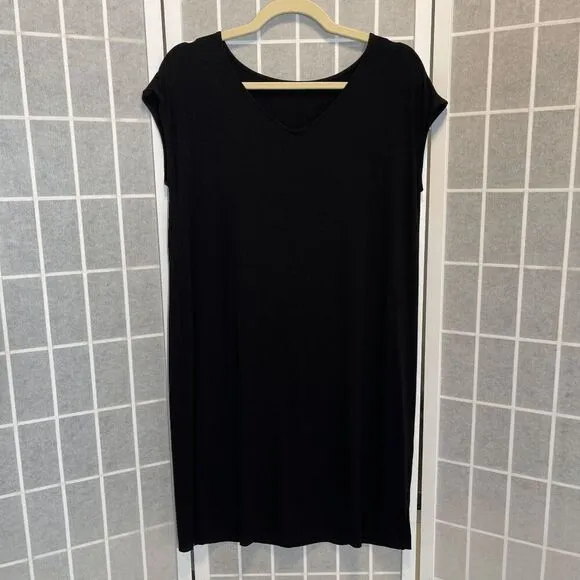 Eileen Fisher Black Shift Dress Viscose Blend XS Made in USA Minimalist Office