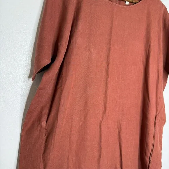 Eileen Fisher Brown Shift Dress Medium Organic Linen Minimalist Relaxed Fit