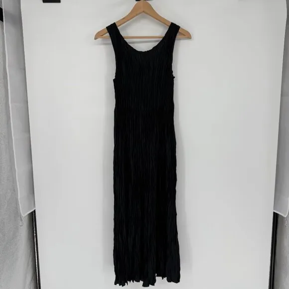 Eileen Fisher Crushed Silk Tiered Dress Black Size SP Minimalist Packable