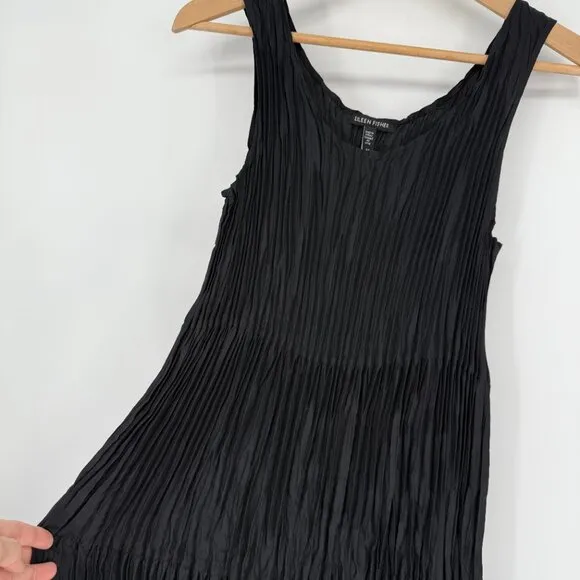 Eileen Fisher Crushed Silk Tiered Dress Black Size SP Minimalist Packable
