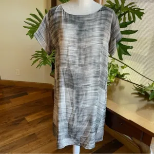 Eileen Fisher Daze Silk Neutral Minimalist Striped Short Sleeve Shift Midi Dress