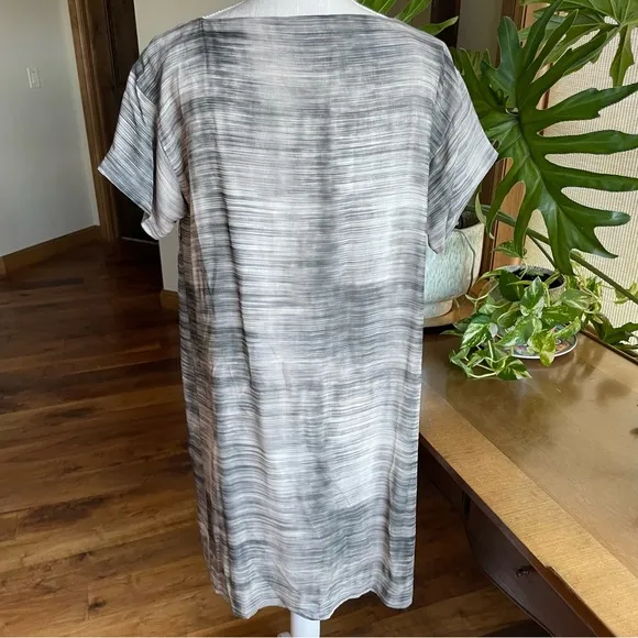 Eileen Fisher Daze Silk Neutral Minimalist Striped Short Sleeve Shift Midi Dress