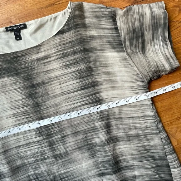 Eileen Fisher Daze Silk Neutral Minimalist Striped Short Sleeve Shift Midi Dress